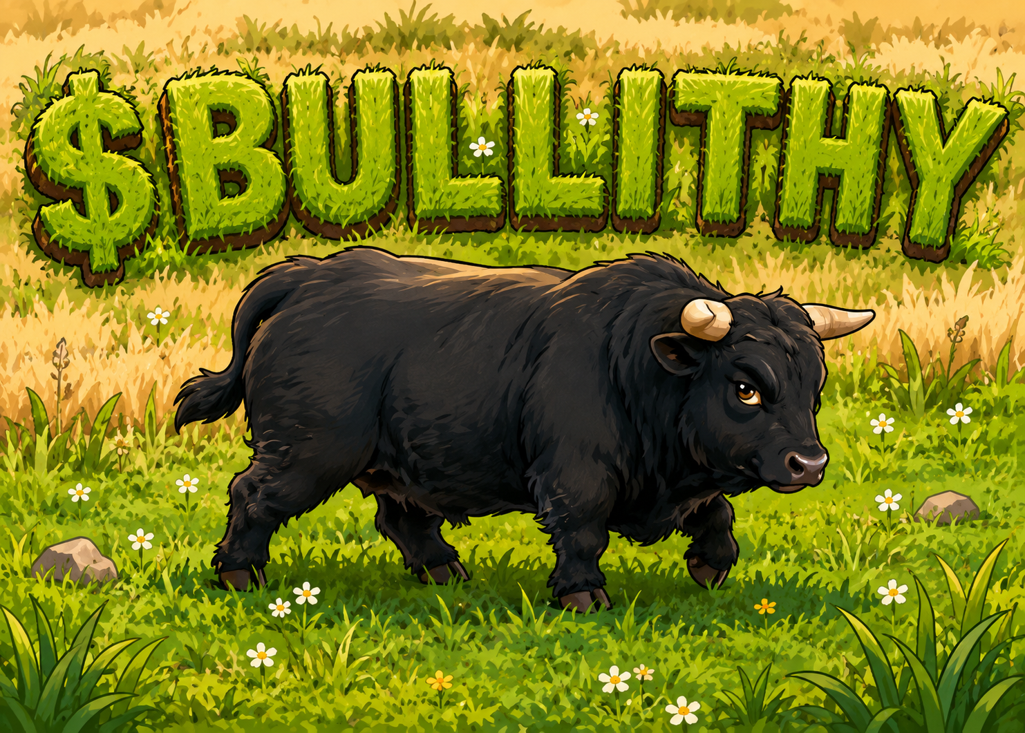 $BULLITHY grass-textured logo above a cartoon black bull in a meadow