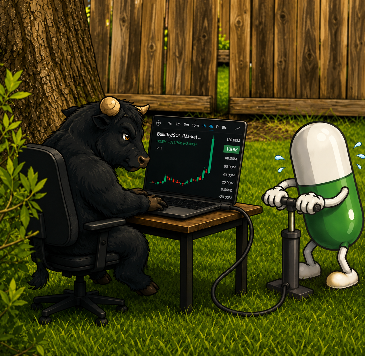The $BULLITHY bull typing at a laptop while a pill mascot pumps the chart
